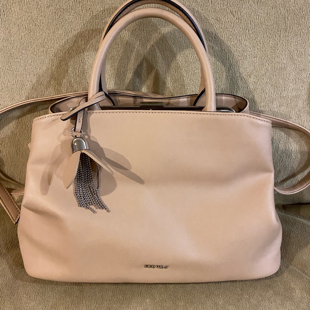 Cream Satchel with Textured Leather and Silver Hardware
